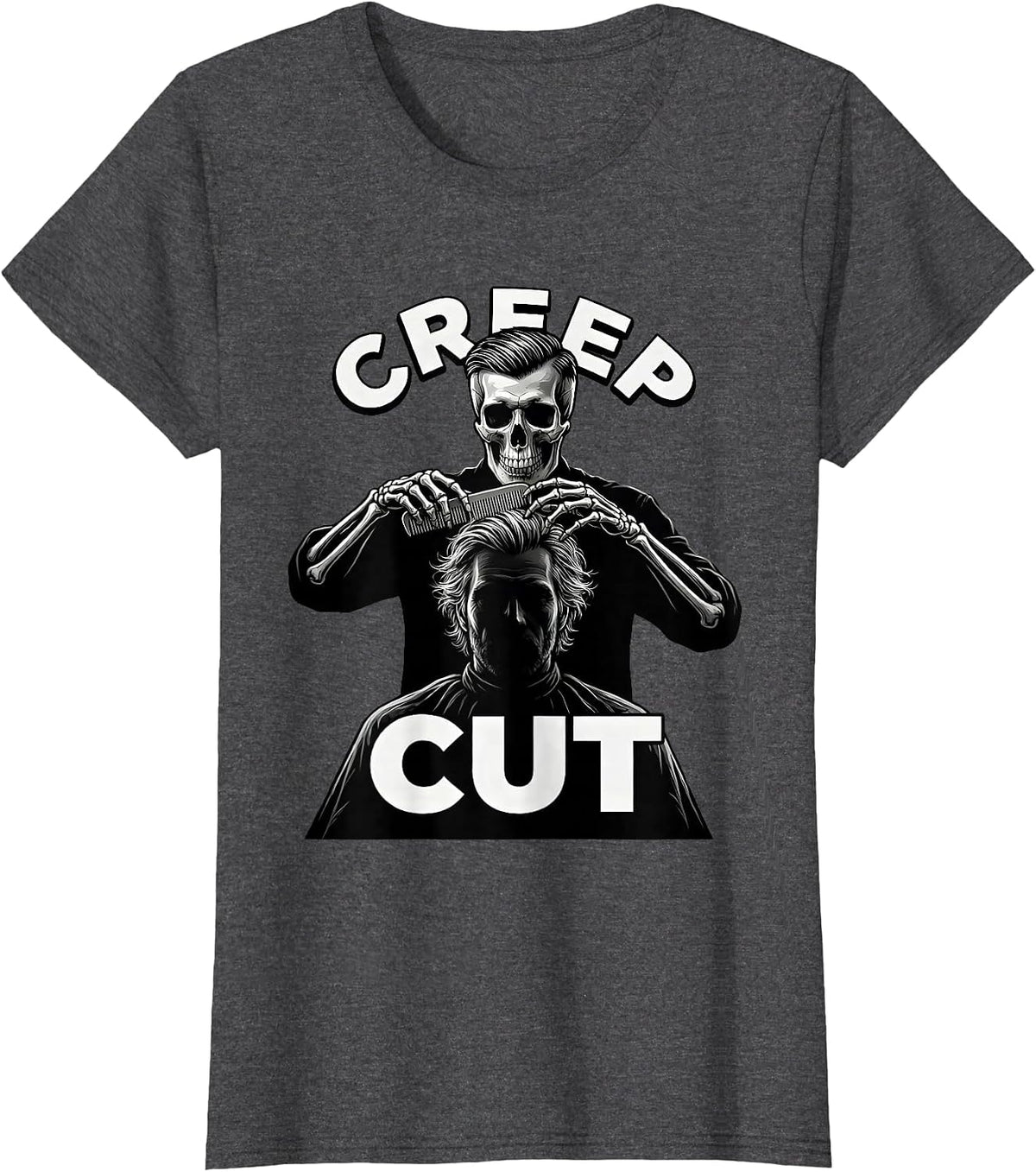 Women's Creep Cut Skeleton Hairstylist Halloween Barber Humor T-Shirt - Dark Heather Grey