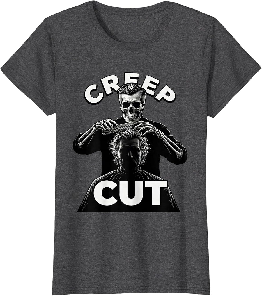 Women's Creep Cut Skeleton Hairstylist Halloween Barber Humor T-Shirt - Dark Heather Grey