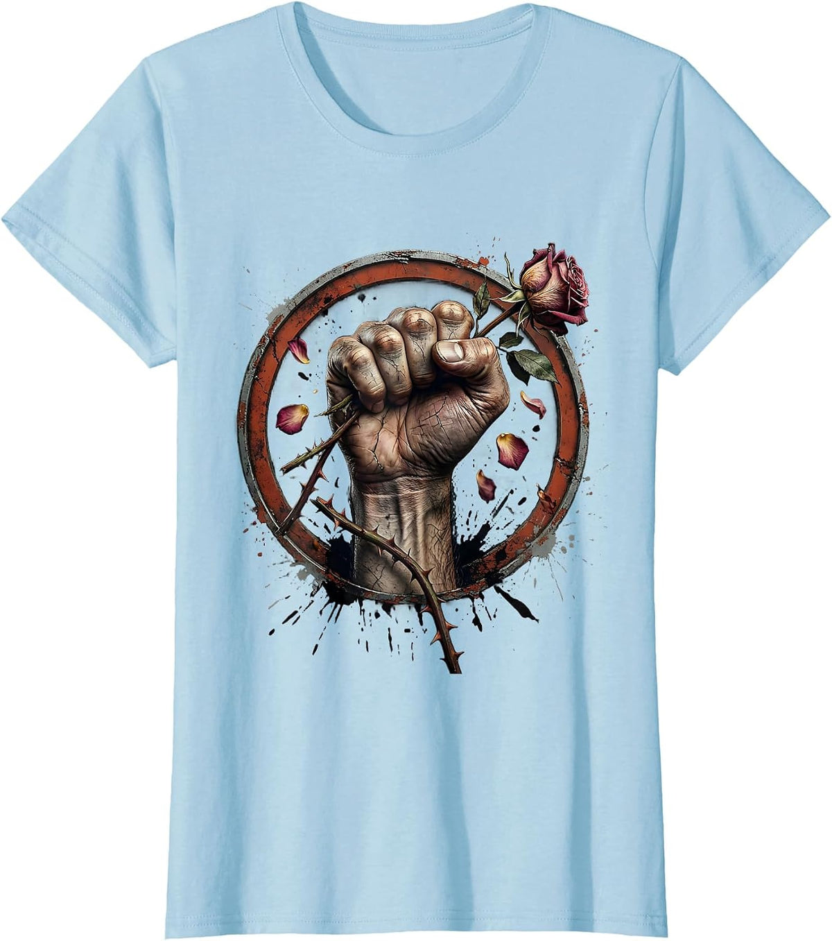 Angry Fist Crushing Rose Graphic Design T-Shirt - Baby Blue