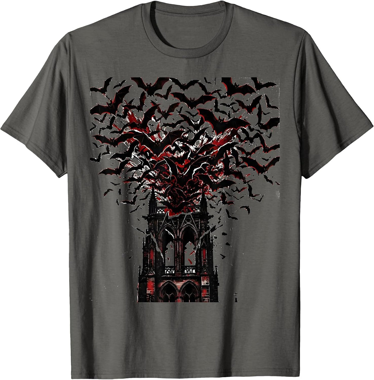 Bat Swarm Cathedral Bell Tower Heavy Metal Art T-Shirt - Asphalt Grey