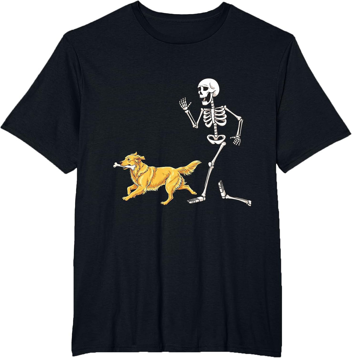 Funny Halloween Golden Retriever and Skeleton T-Shirt - Black