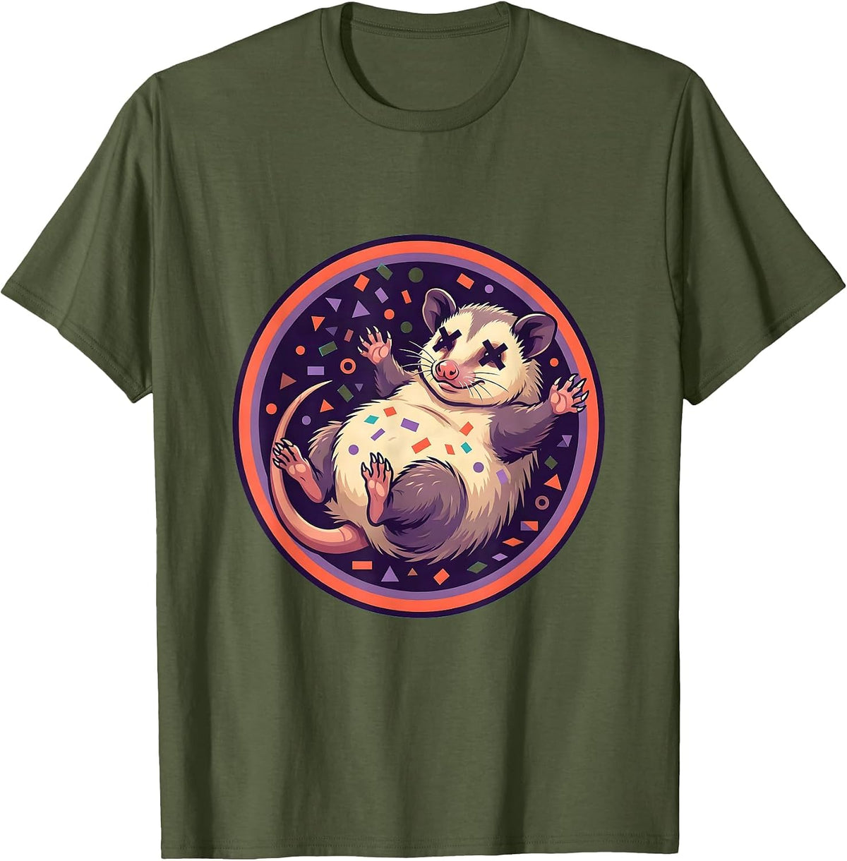 Men's Opossum Playing Dead Party Confetti Graphic T-Shirt - Olive Green