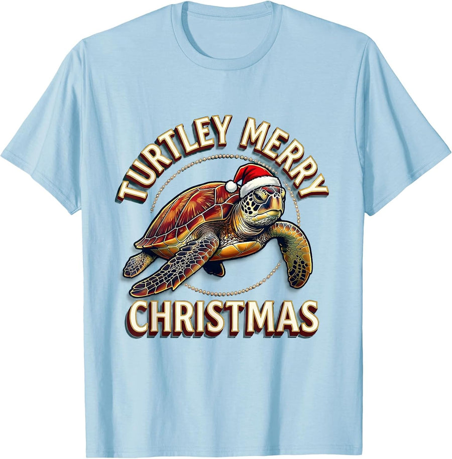 Men's Turtley Merry Christmas Sign Painter Whimsical Sea Turtle T-Shirt - Baby Blue