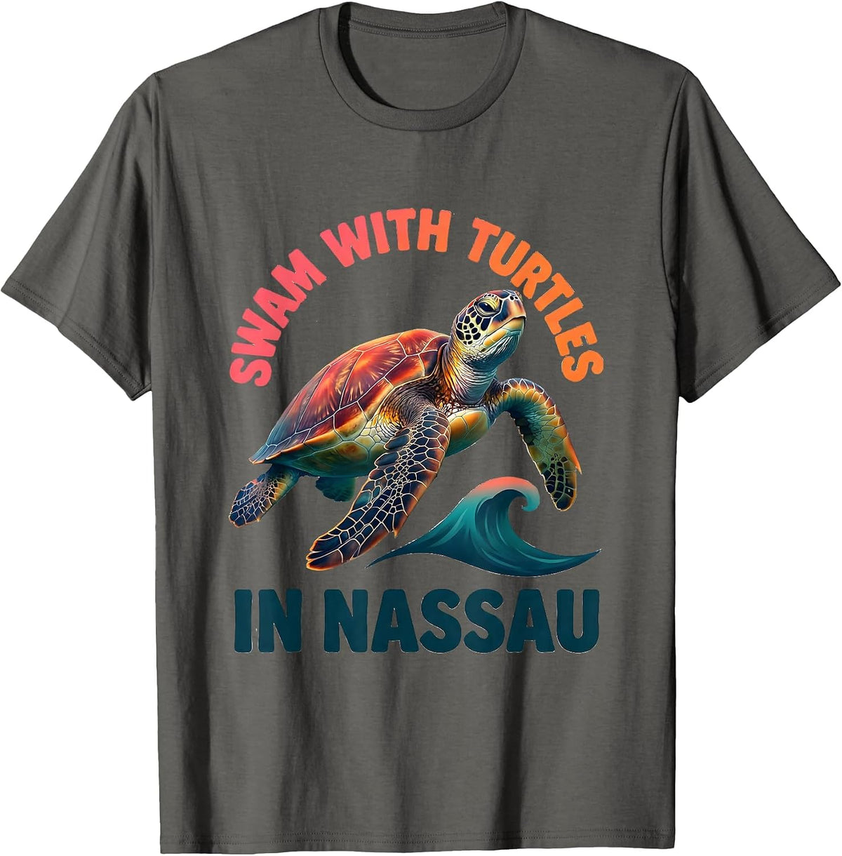 Men's Swam With Turtles In Nassau Gradient Sea Turtle Souvenir T-Shirt - Asphalt Grey