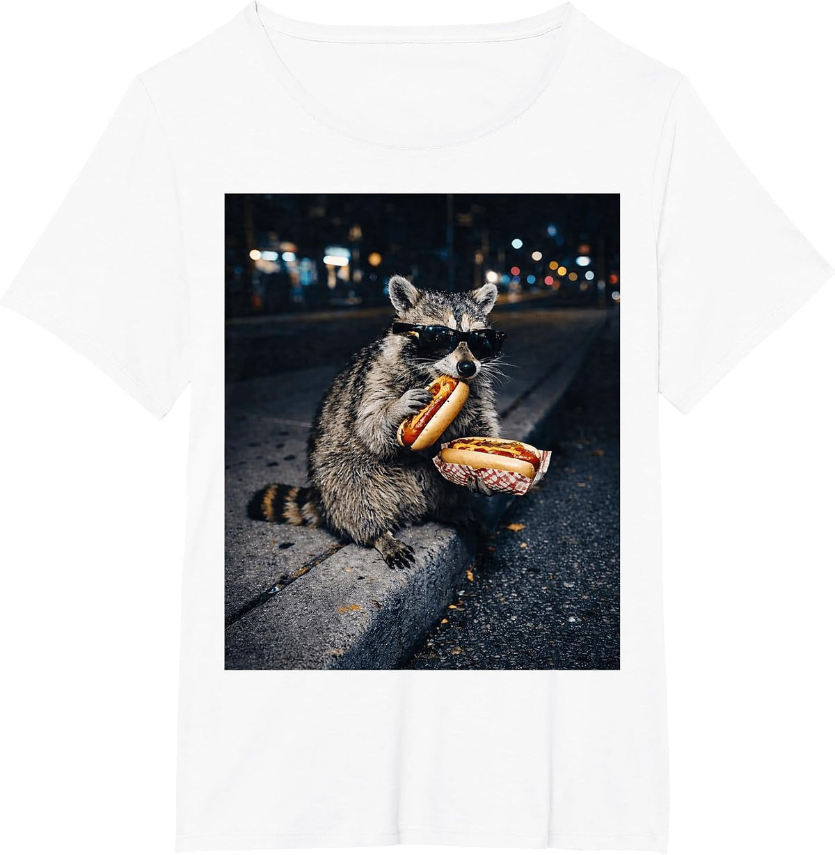 Raccoon Eating Hot Dogs Meme Hungry Trash Panda Snack Animal T-Shirt - White