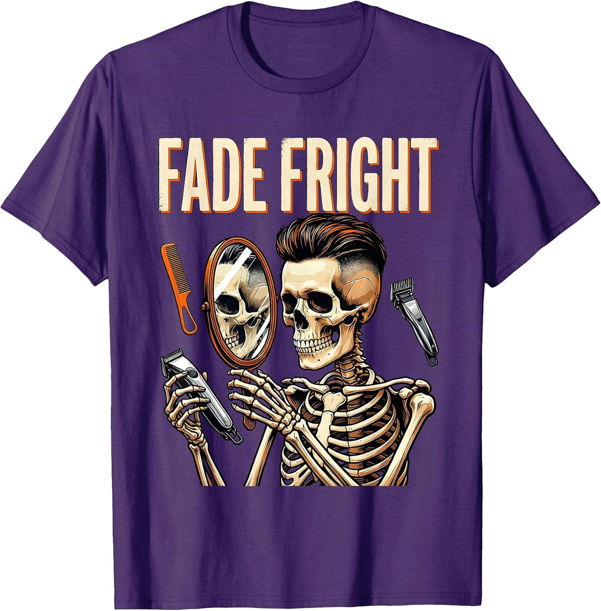 Fade Fright Screenprint Skeleton Barber Halloween T-Shirt - Purple