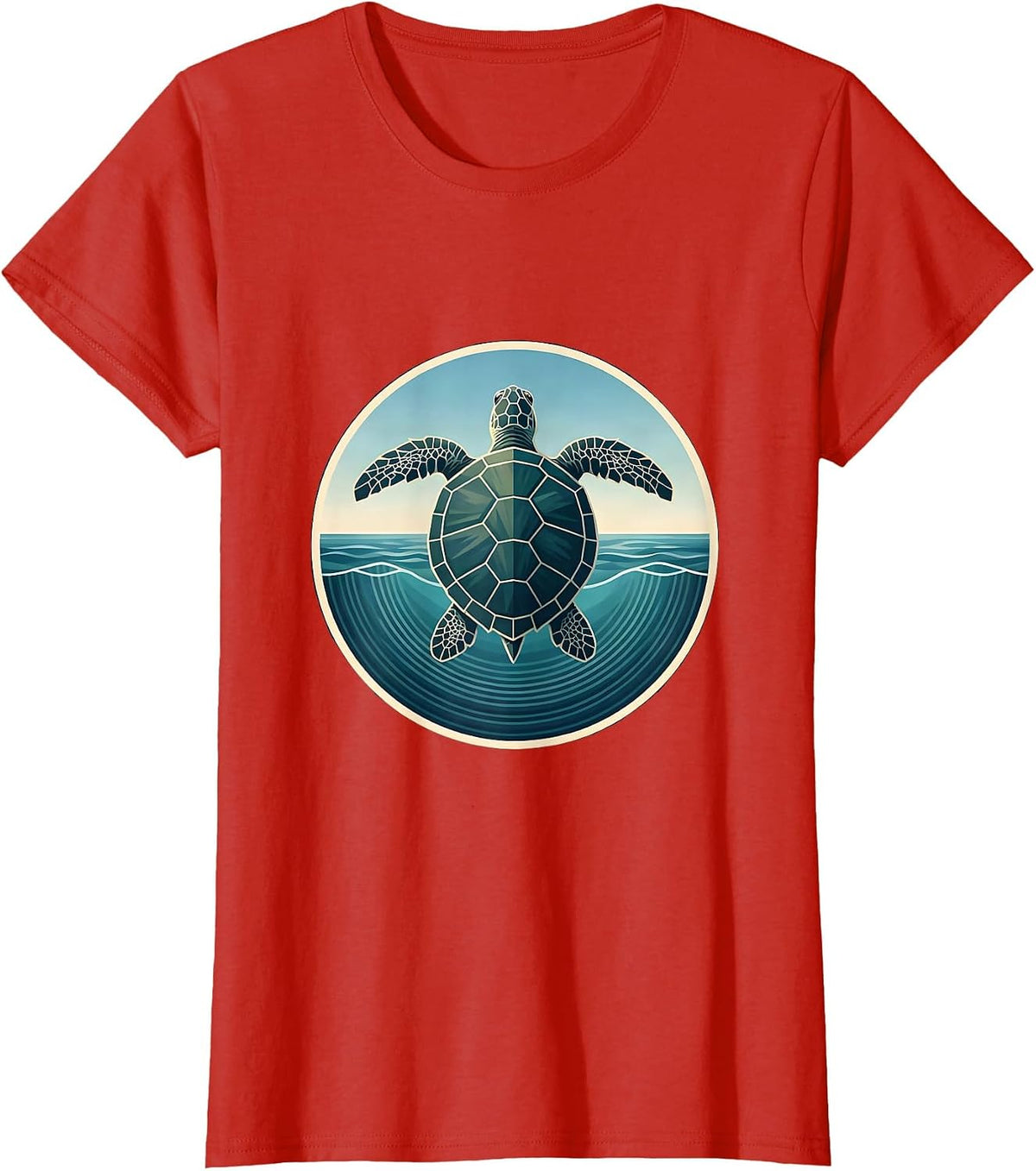 Women's Turtle Floating on Calm Ocean Surface Design T-Shirt - Red