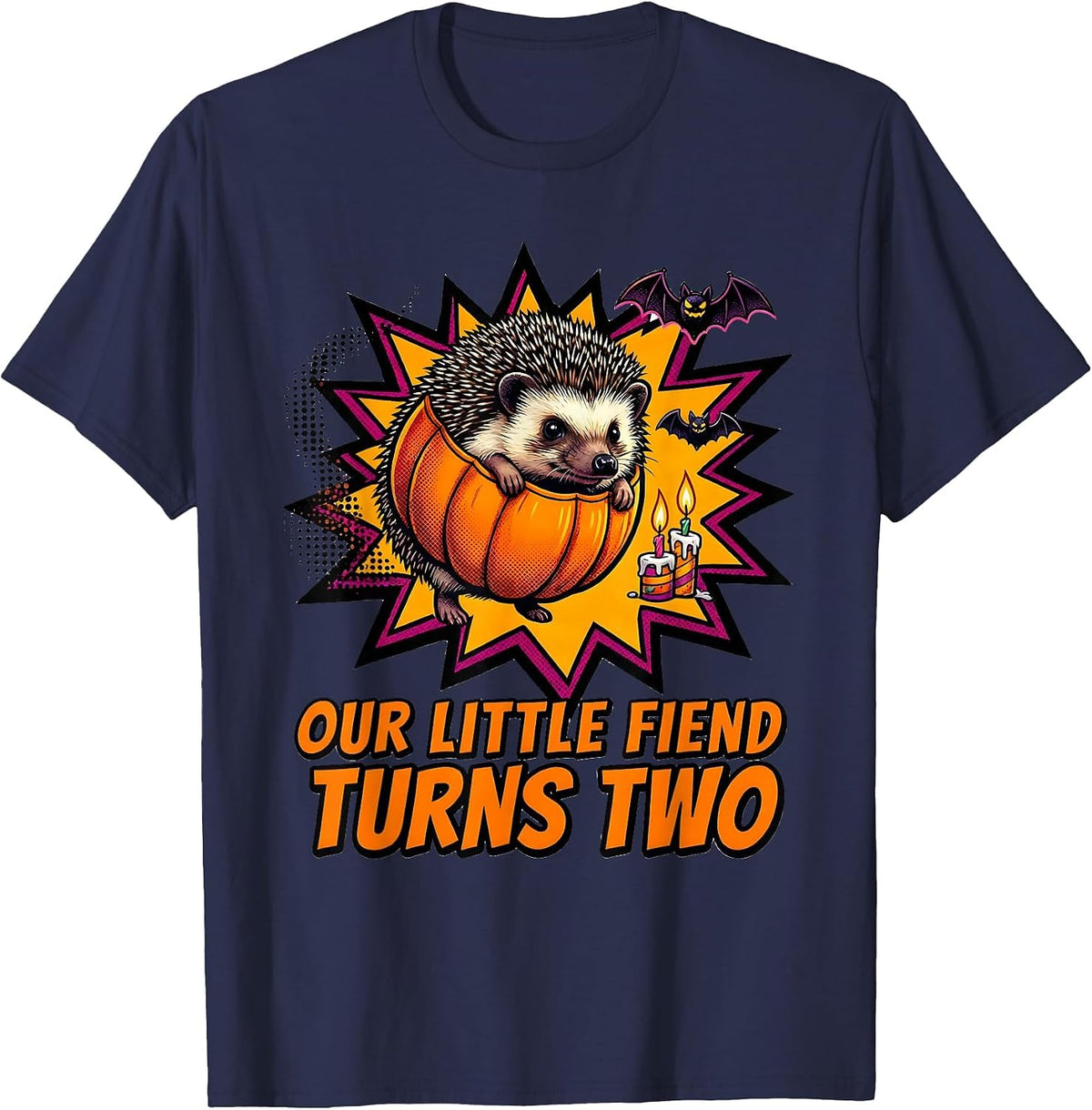 Our Little Fiend Turns Two Cute Hedgehog Halloween Toddler T-Shirt - Navy Blue