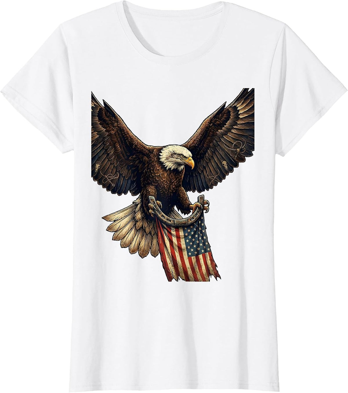 Bald Eagle Soaring Over American Flag T-Shirt - White
