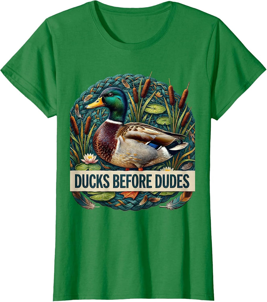 Women's Ducks Before Dudes Funny Duck Lover Design T-Shirt - Kelly Green