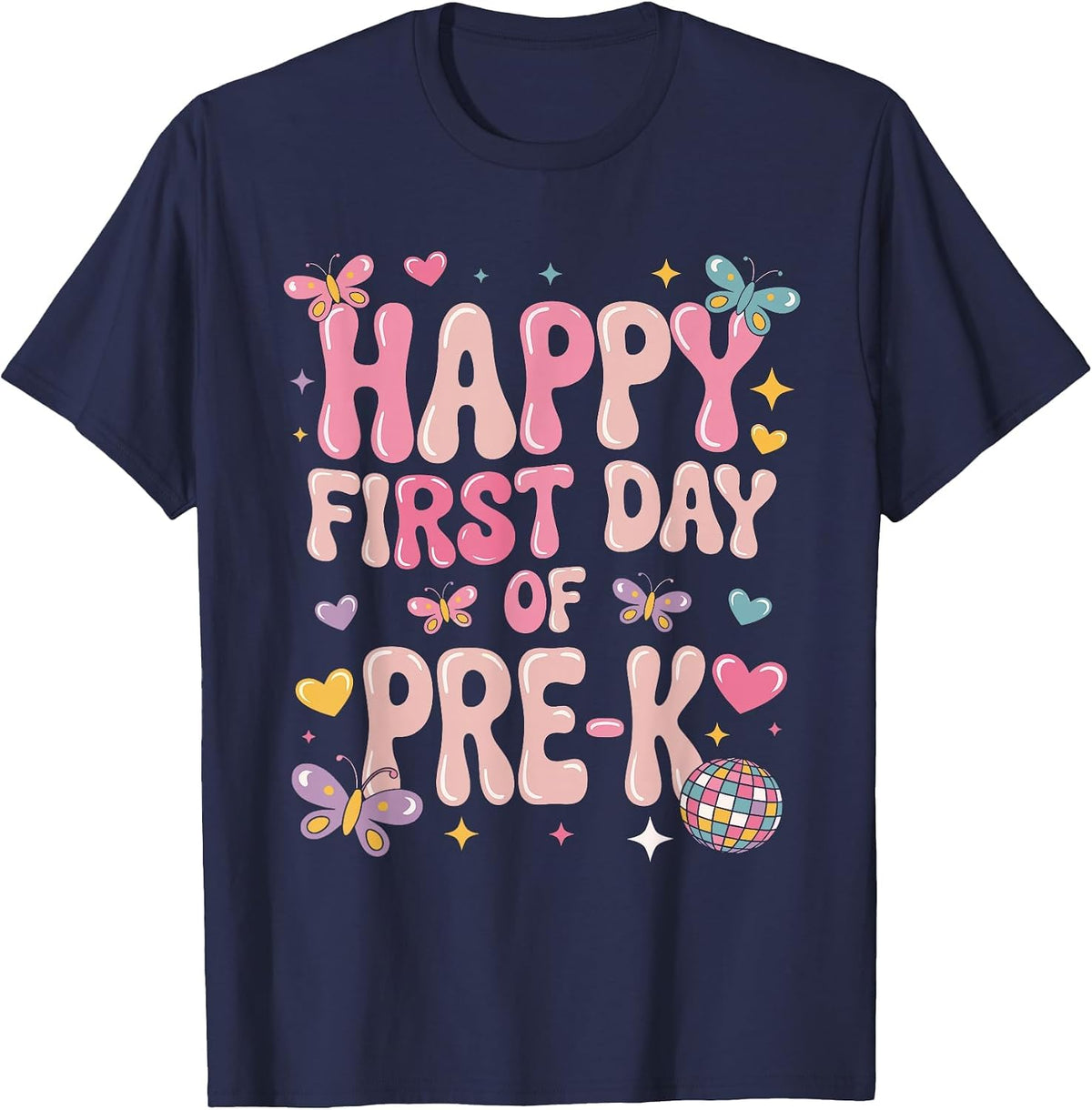 Happy First Day of Pre-K Girls Groovy Disco Back to School T-Shirt - Navy Blue