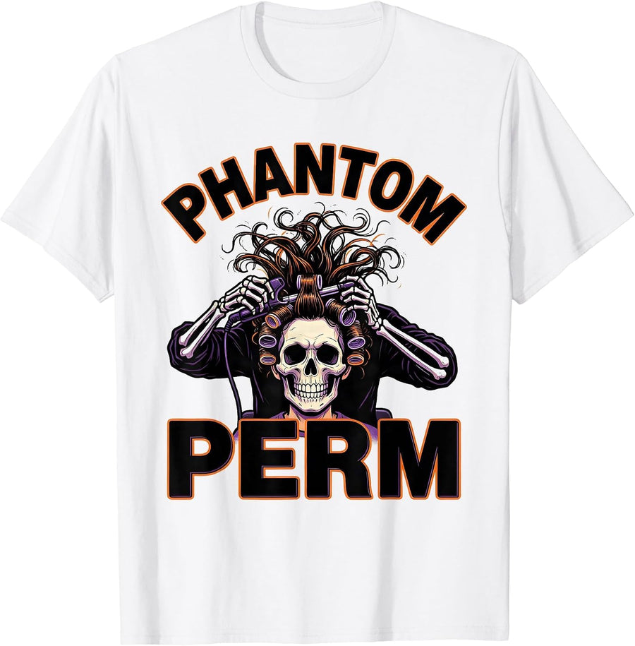 Men's Phantom Perm Cartoon Skeleton Hairstylist Halloween Barber T-Shirt - White