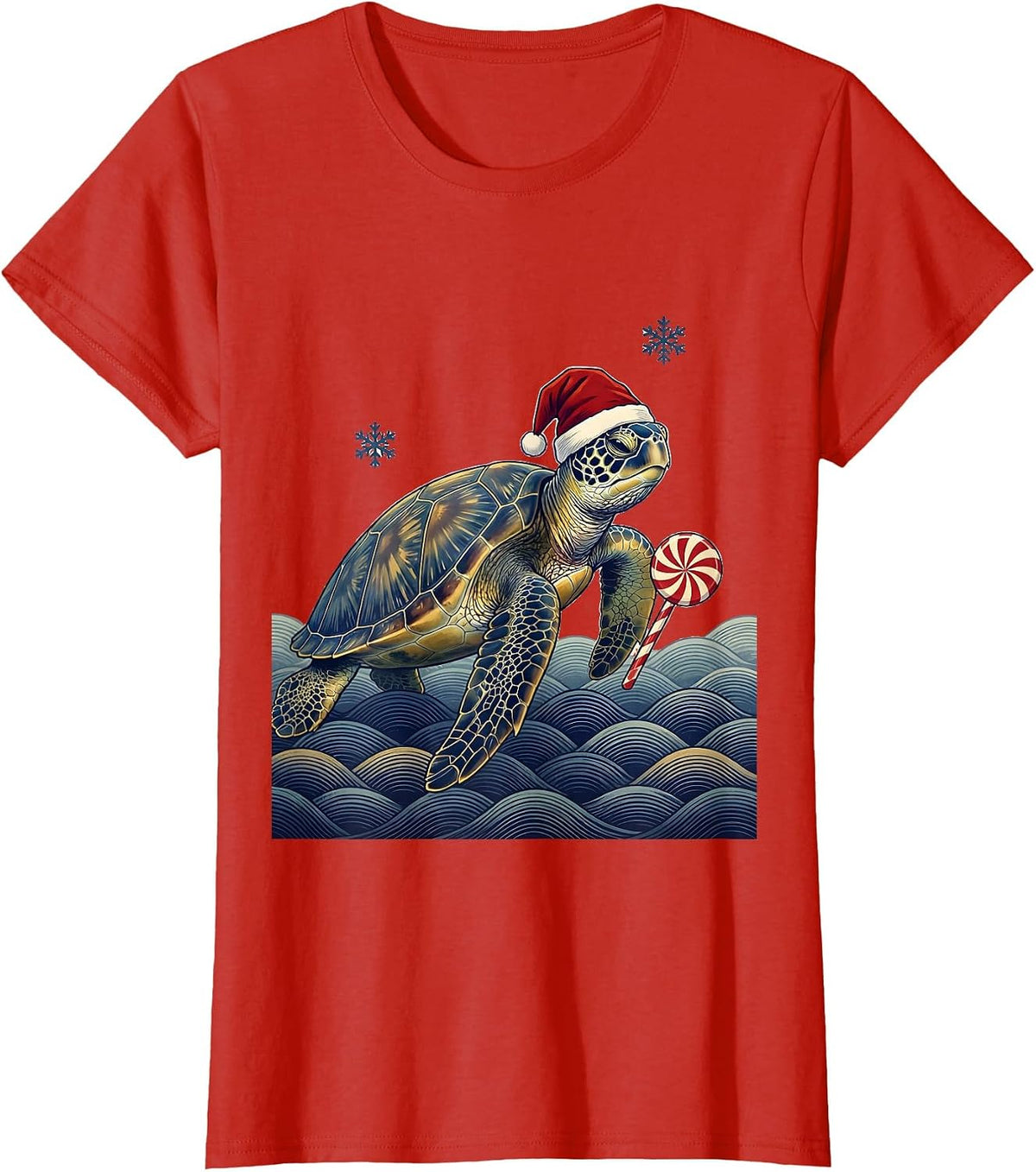 Sea Turtle Santa Hat Ukiyo-e Christmas Novelty T-Shirt - Red