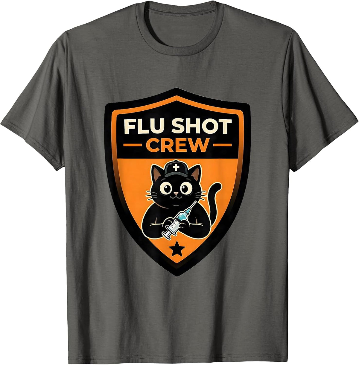Flu Shot Crew Black Cat Halloween Nurse Flu Shot Humor T-Shirt - Asphalt Grey