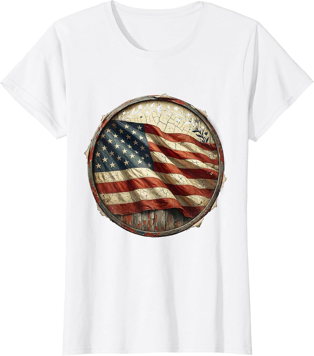 Girl in Flower Crown American Flag Cape Design T-Shirt - White