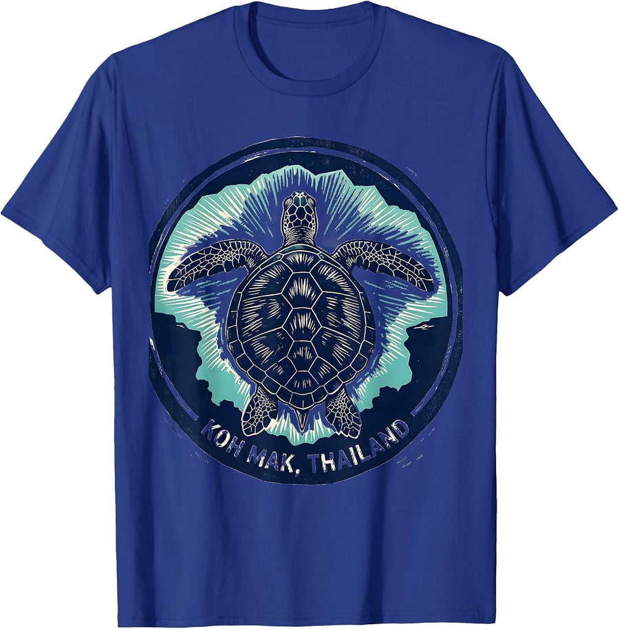 Koh Mak Thailand Linocut Sea Turtle Beach Souvenir T-Shirt - Royal Blue