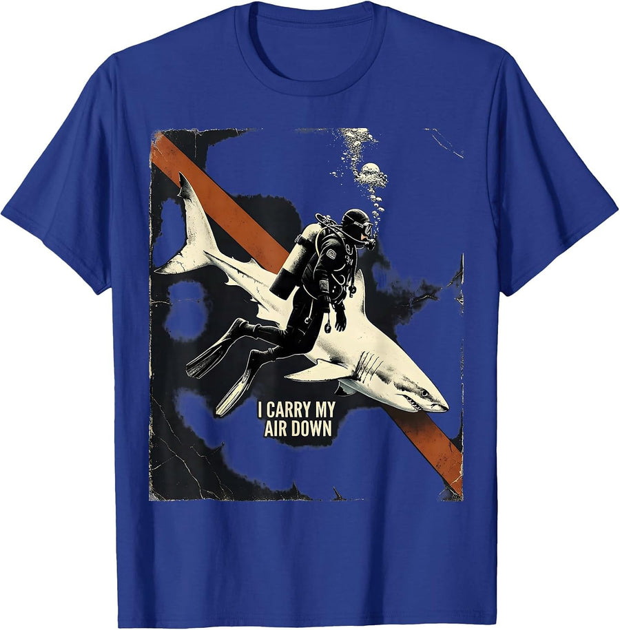 I Carry My Air Down Distressed Scuba Diver Humor Shark T-Shirt - Royal Blue