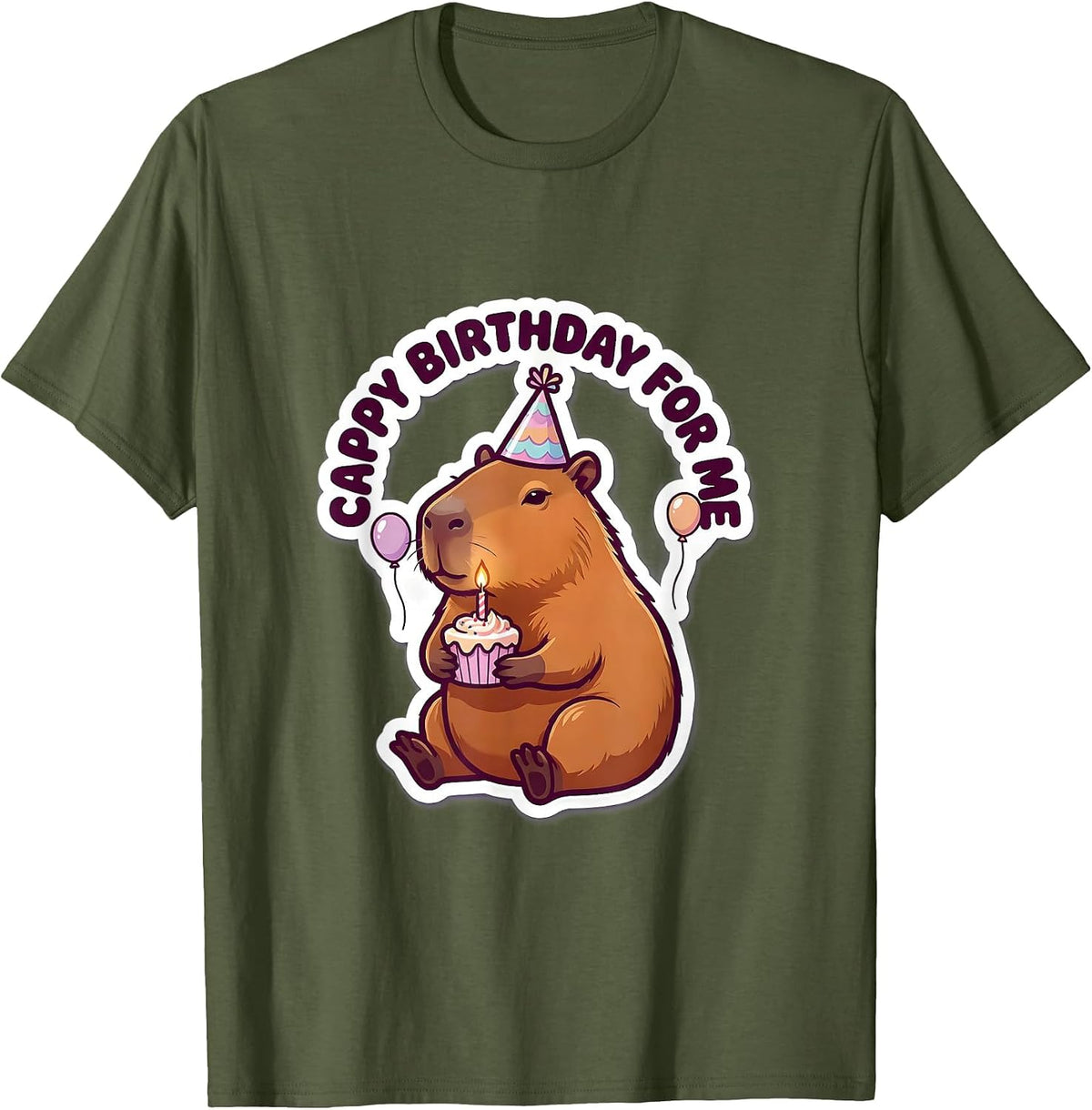 Men's Cappy Birthday For Me Cute Kawaii Capybara Kids Party T-Shirt - Olive Green