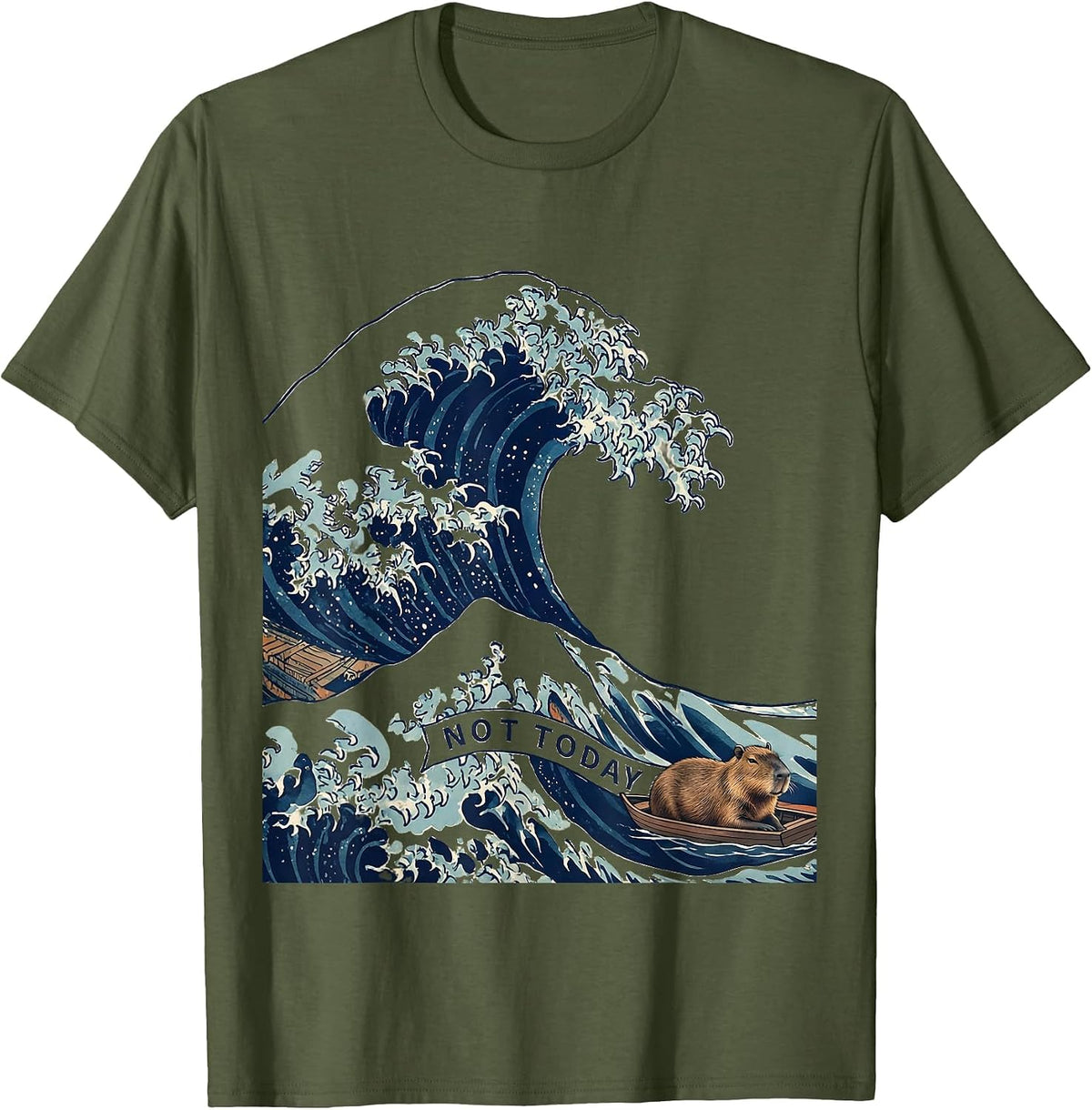 Men's Not Today Ukiyo-e Capybara Japanese Art Meme Humor T-Shirt - Olive Green