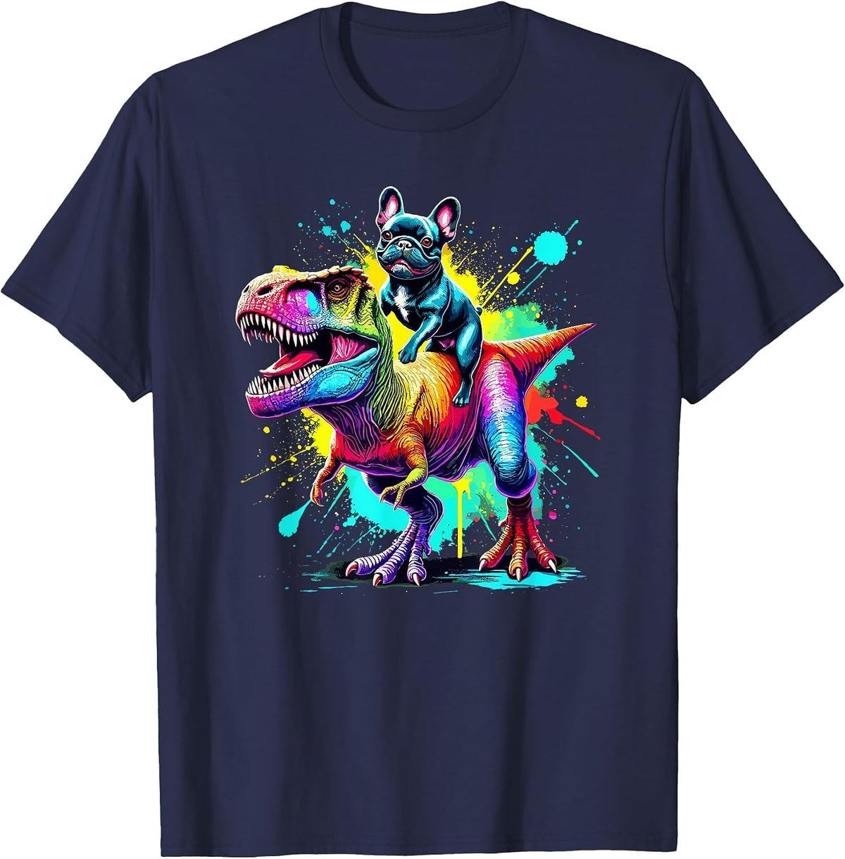 Splash Art Dinosaur T-Rex French Bulldog Frenchie T-Shirt - Navy Blue
