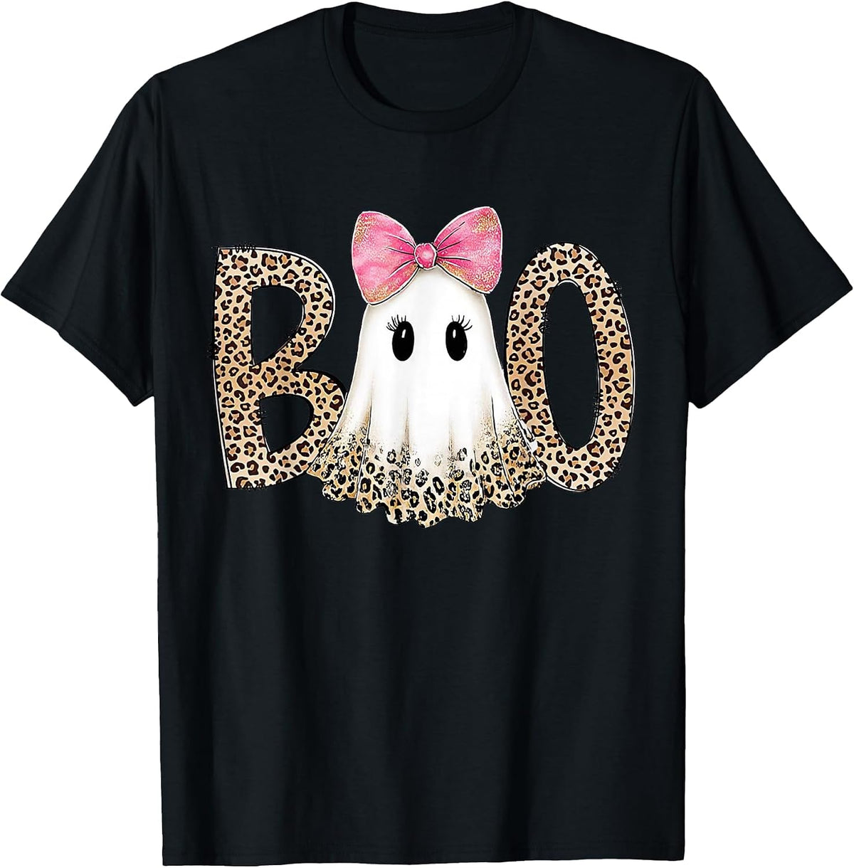 Preppy Leopard Ghost Boo Halloween T-Shirt - Black