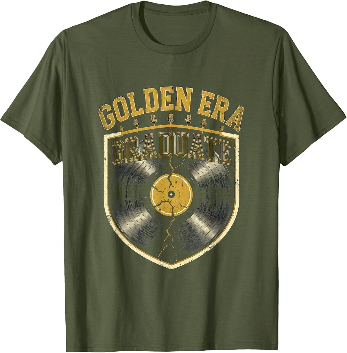 Golden Era Graduate Distressed Varsity Hip-Hop Rap Quote T-Shirt - Olive Green
