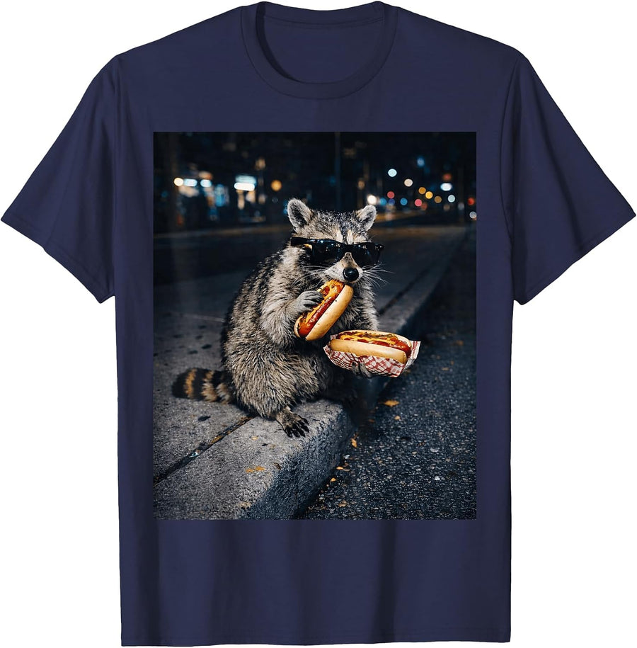 Raccoon Eating Hot Dogs Meme Hungry Trash Panda Snack Animal T-Shirt - Navy Blue