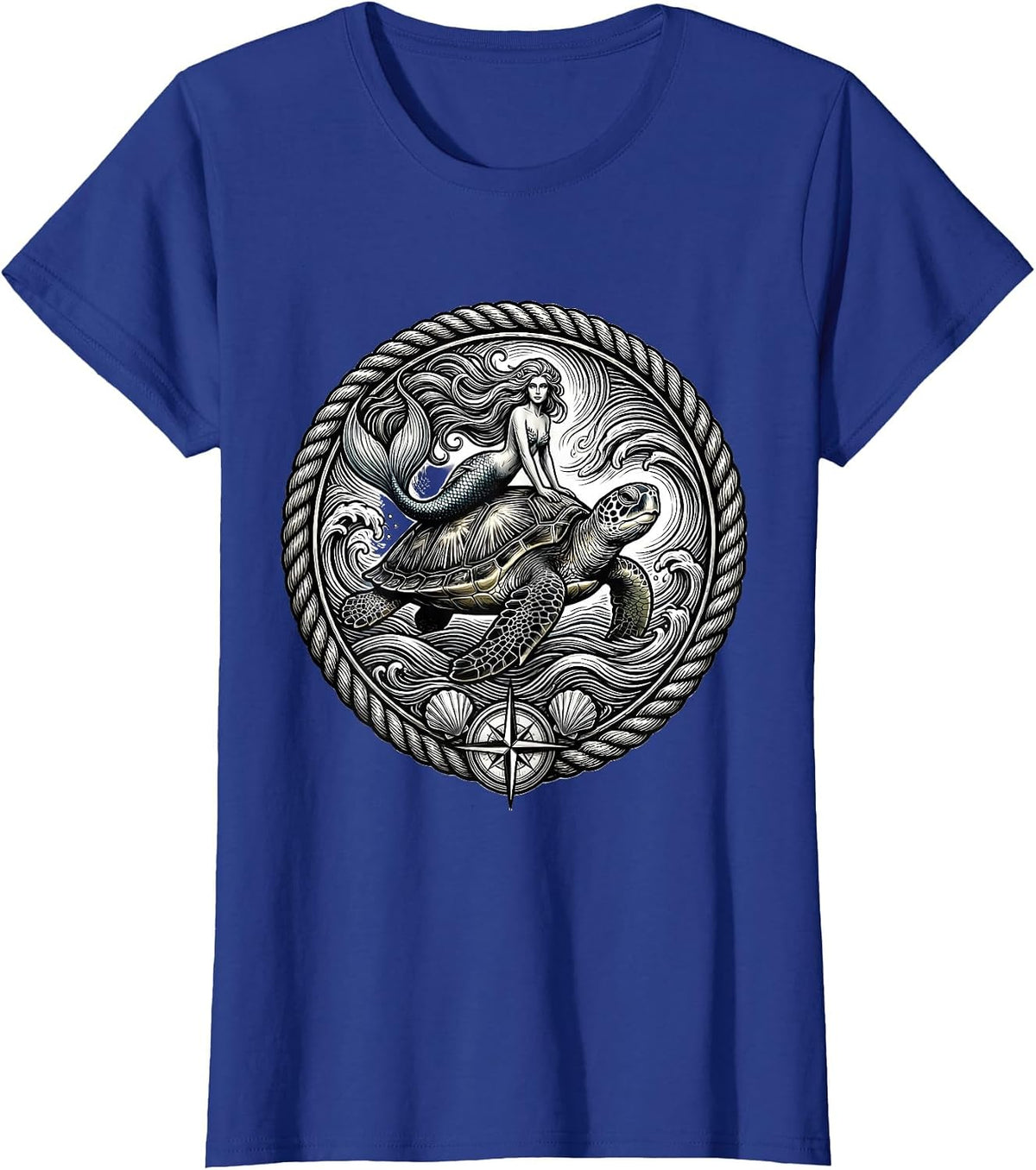 Women's Mermaid Riding Giant Sea Turtle Ocean Waves T-Shirt - Royal Blue