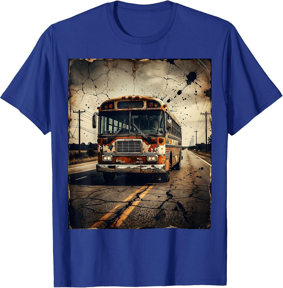 Vintage Tour Bus Open Highway Graphic T-Shirt - Royal Blue