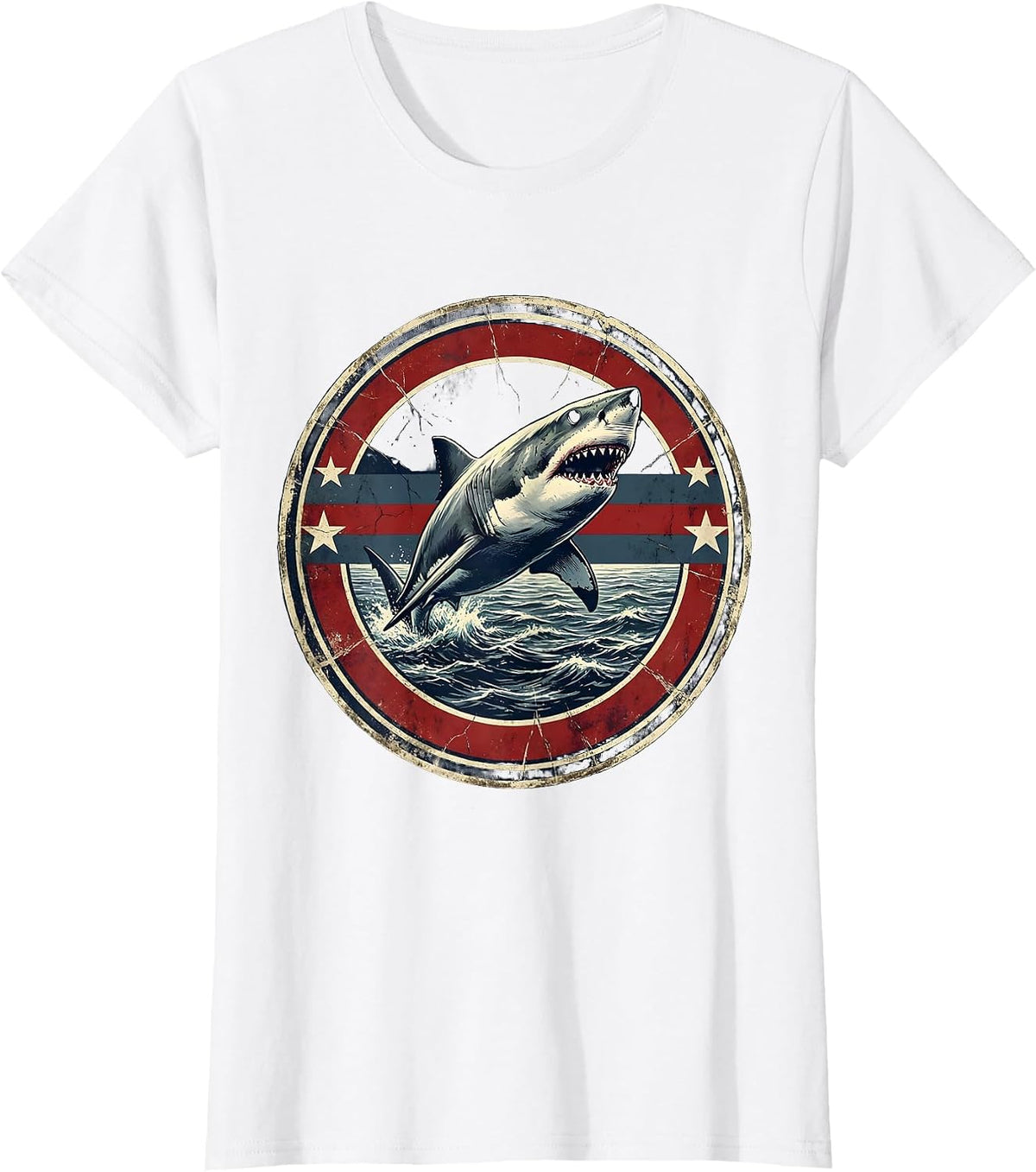 Great White Shark Breaching Ocean USA Design T-Shirt - White