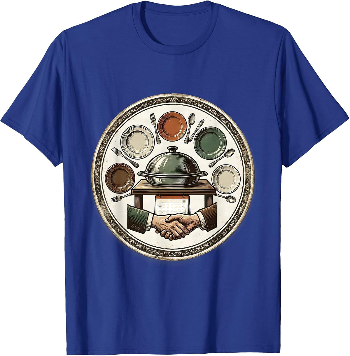 Sealed Communal Dish Vintage Friendsgiving Group Badge T-Shirt - Royal Blue