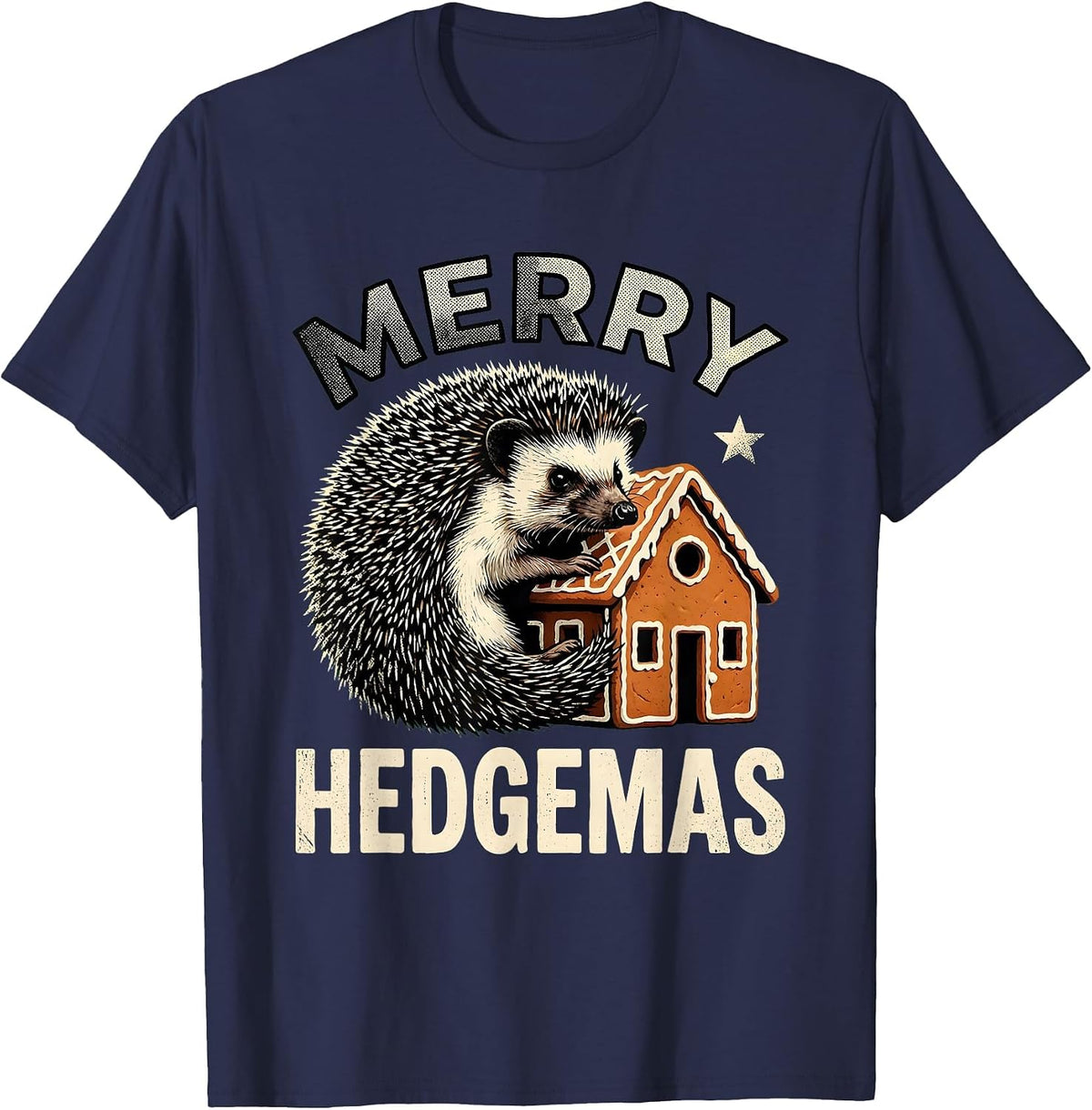 Merry Hedgemas Retro Cartoon Hedgehog Christmas Humor T-Shirt - Navy Blue