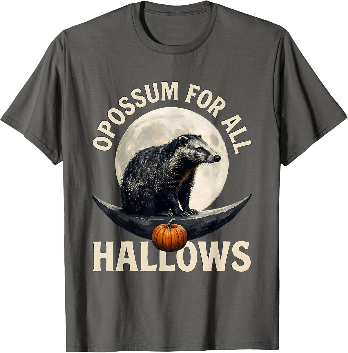 Men's Opossum For All Hallows Vintage Gothic Halloween Spooky Moon T-Shirt - Asphalt Grey
