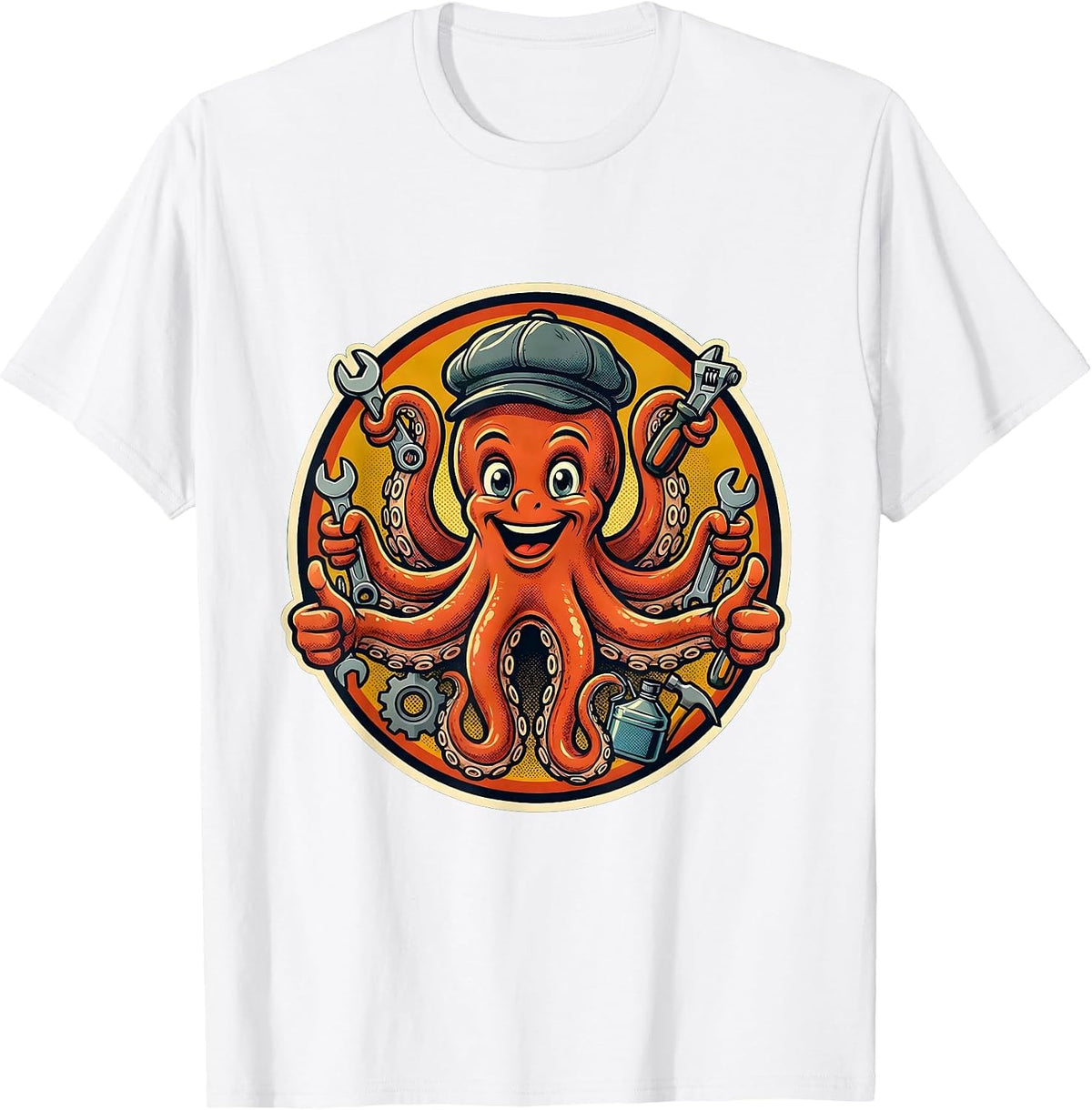 Men's Octopus Mechanic Graphic Tee Funny Auto Repair T-Shirt - White