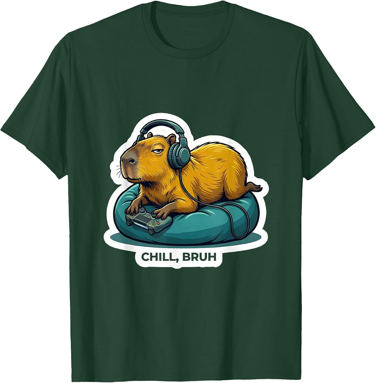 Men's Chill Bruh Funny Capybara Gamer Meme Animal Lover T-Shirt - Dark Green