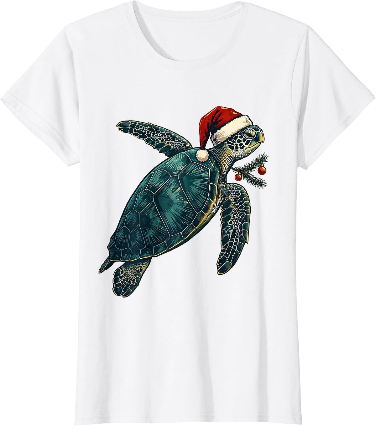 Sea Turtle Santa Hat Linocut Holiday Novelty T-Shirt - White