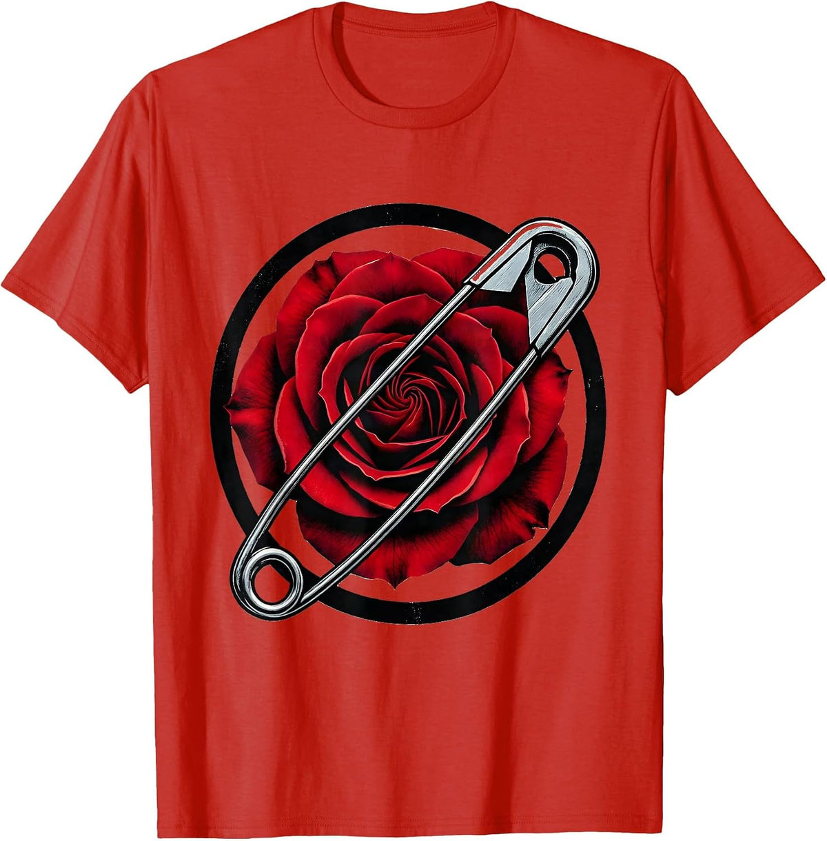 Men's Punk Rock Safety Pin Rose Graphic Tee T-Shirt - Red