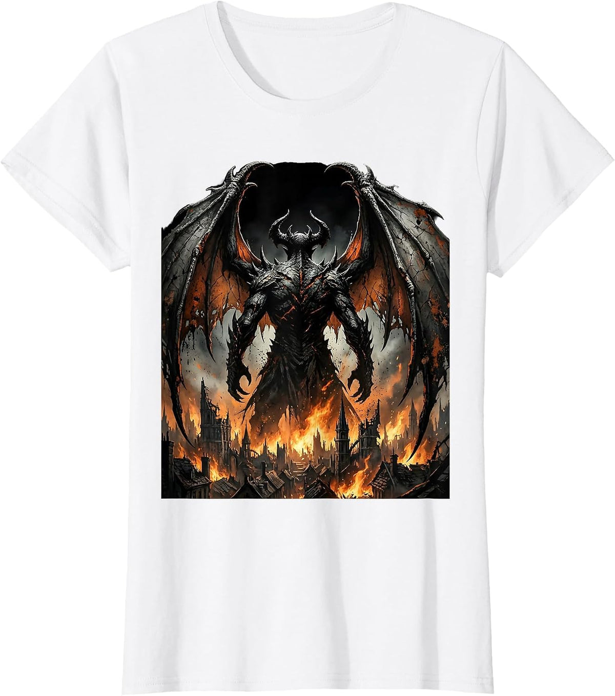 Demon Wings Burning City Halloween Graphic T-Shirt - White