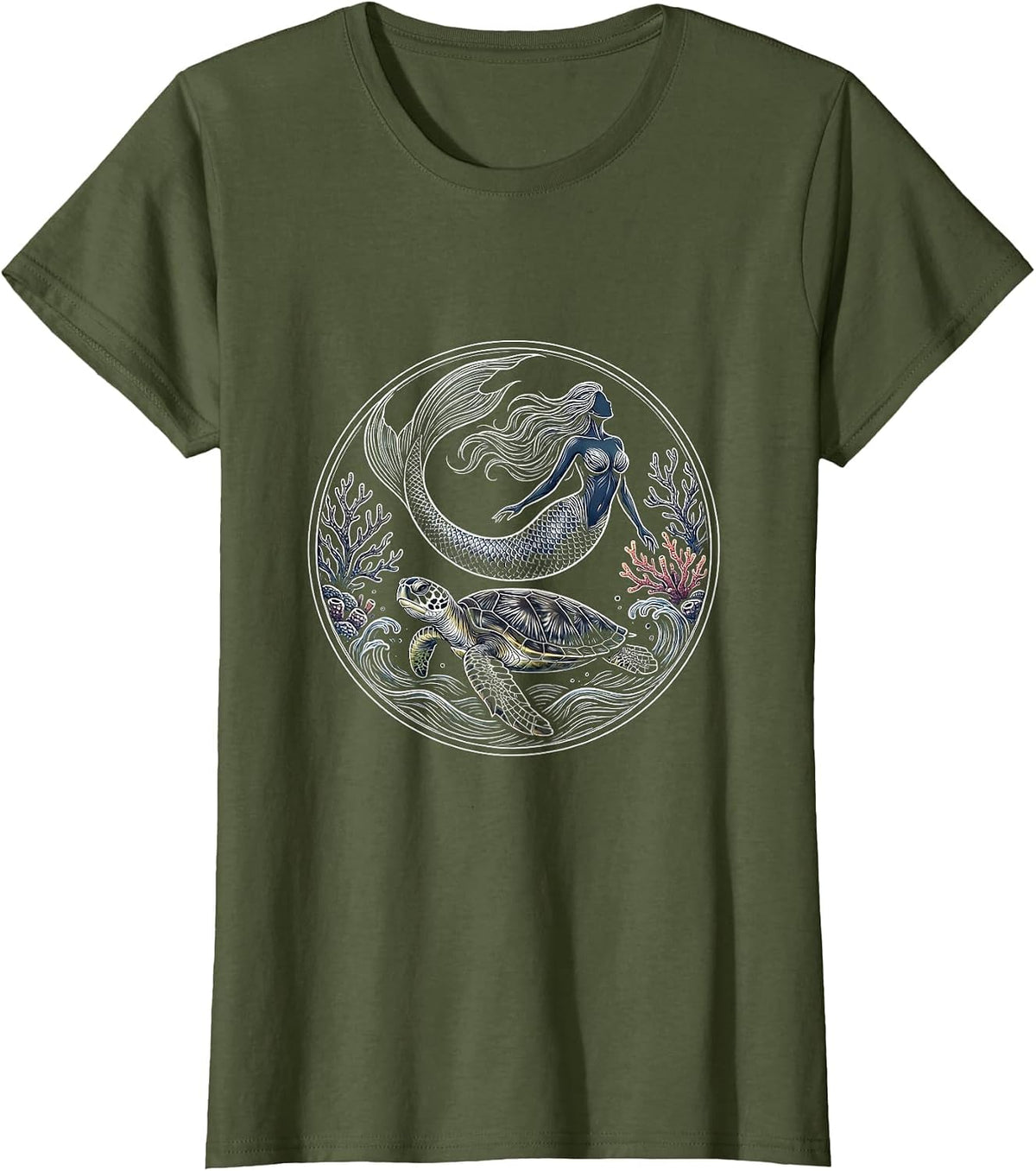 Women's Mermaid and Sea Turtle Ocean Swimming Graphic T-Shirt - Olive Green