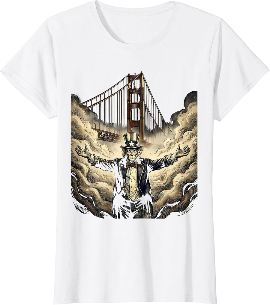 Women's Golden Gate Bridge Morning Fog Illustration T-Shirt - White