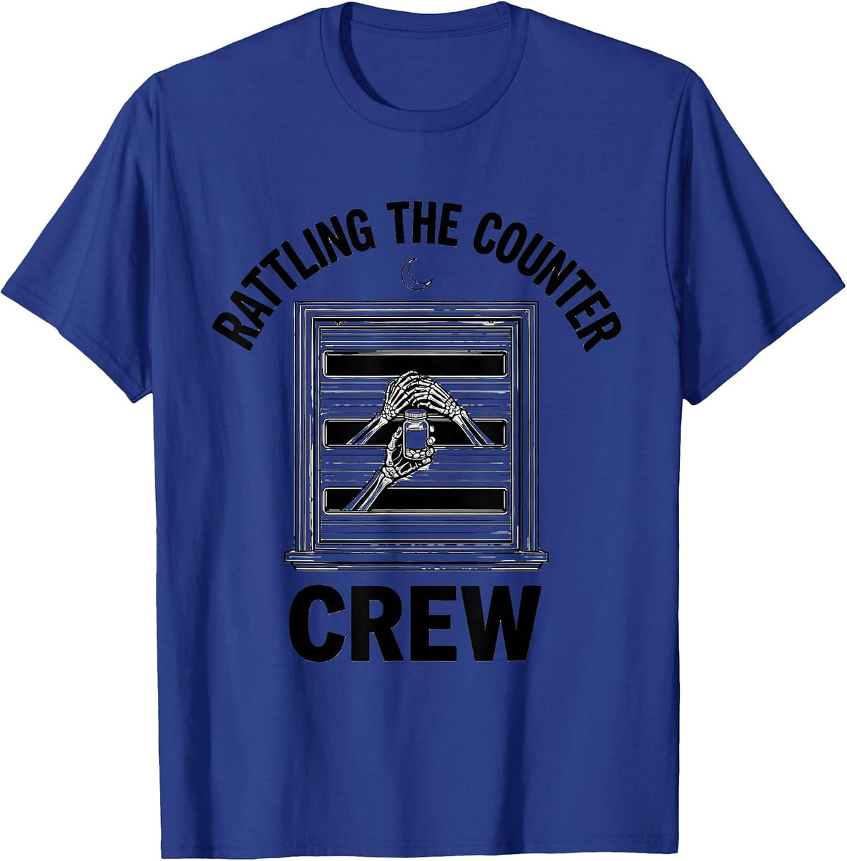 Men's Rattling The Counter Crew Funny Pharmacy Tech Skeleton T-Shirt - Royal Blue