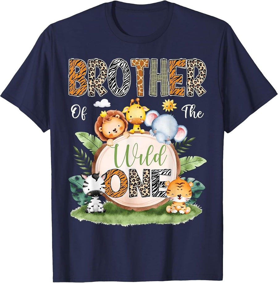 Brother of The Wild One 1St Birthday Kids Safari Jungle T-Shirt - Navy Blue
