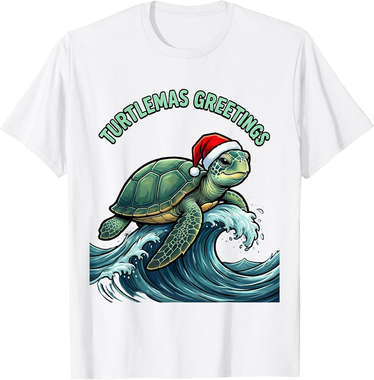 Men's Turtlemas Greetings Cartoon Sea Turtle Santa Hat Holiday T-Shirt - White