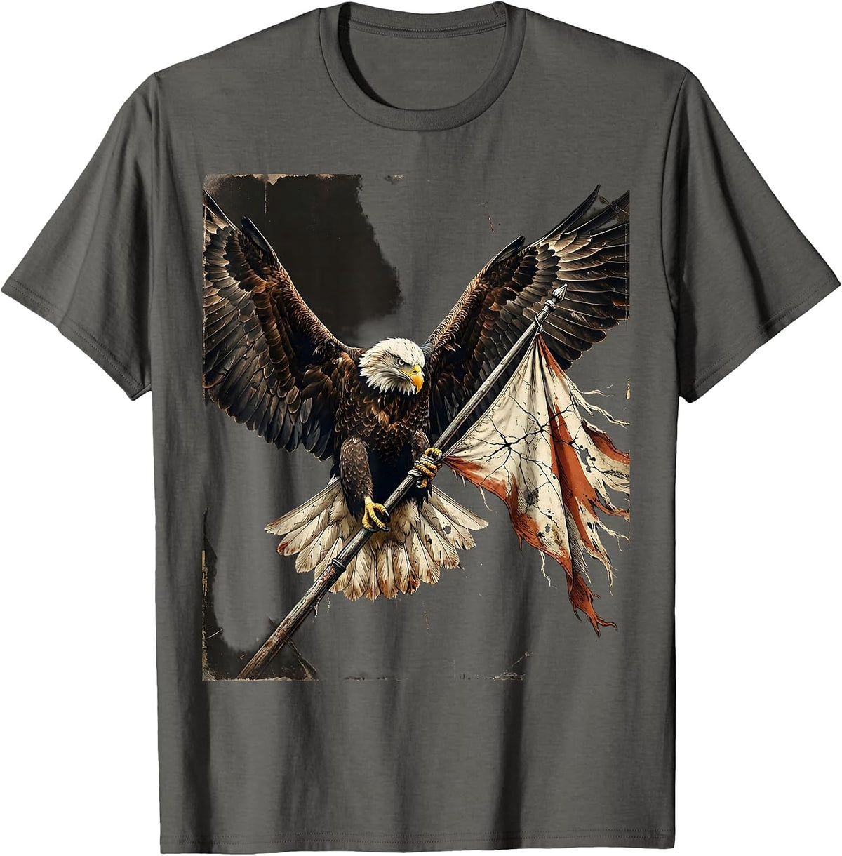Men's Eagle Clutching Flag Pole Patriotic Illustration T-Shirt - Asphalt Grey
