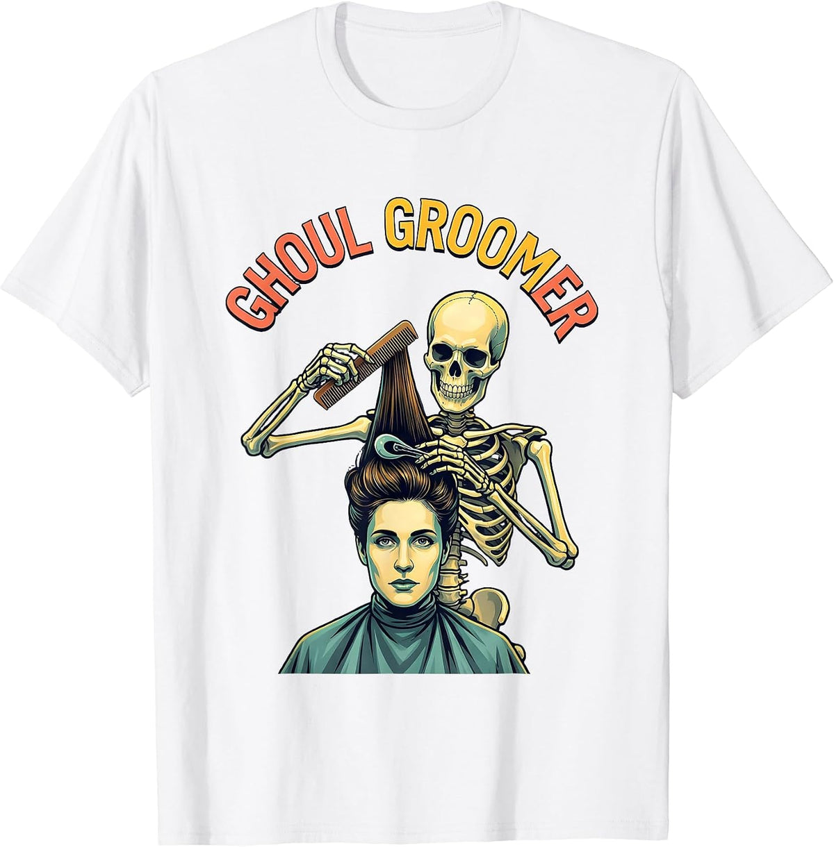 Men's Ghoul Groomer Funny Skeleton Hairstylist Halloween Barber T-Shirt - White