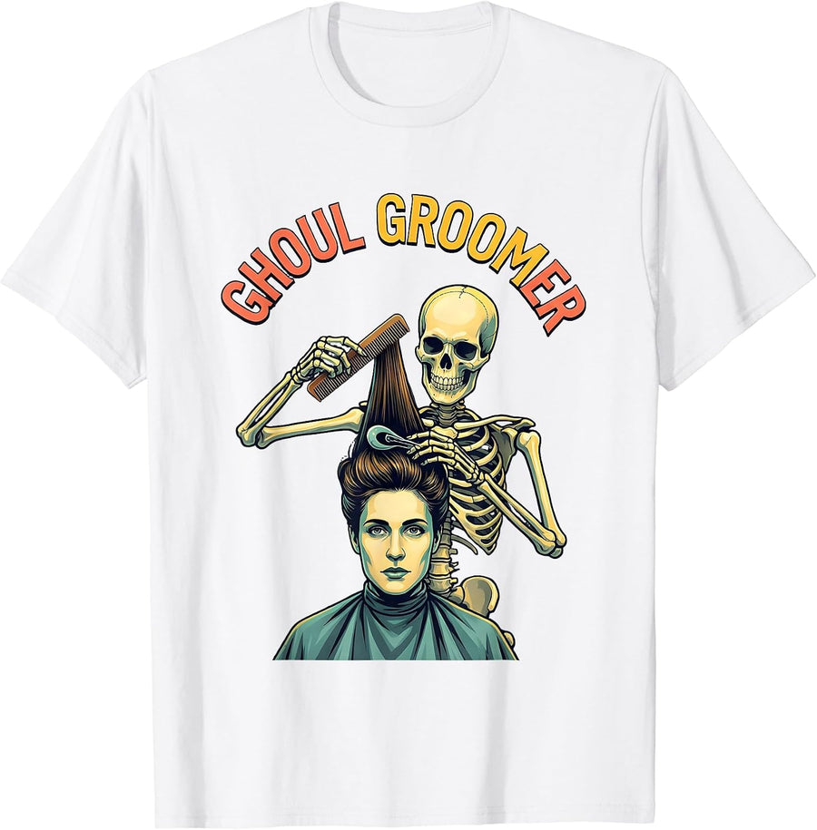 Men's Ghoul Groomer Funny Skeleton Hairstylist Halloween Barber T-Shirt - White
