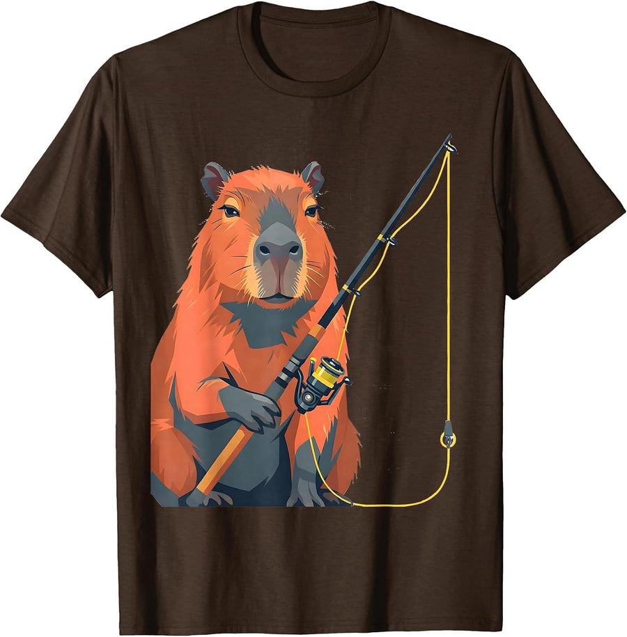 Capybara Fishing Rod Funny Animal Lover Meme T-Shirt - Brown