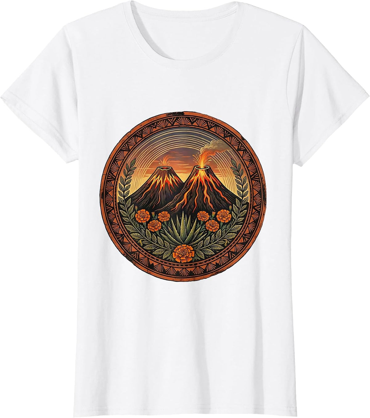 Women's Mexican Volcanoes Glowing Lava Dusk Illustration T-Shirt - White