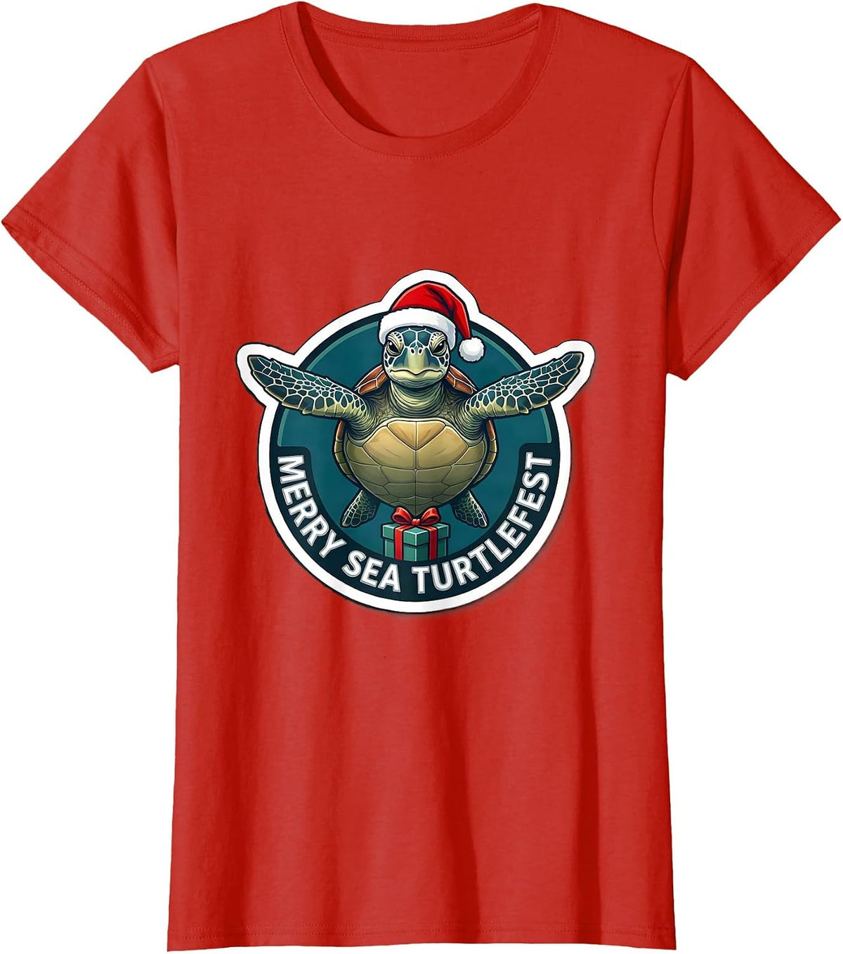 Women's Merry Sea Turtlefest Cute Sea Turtle Christmas Santa Hat T-Shirt - Red