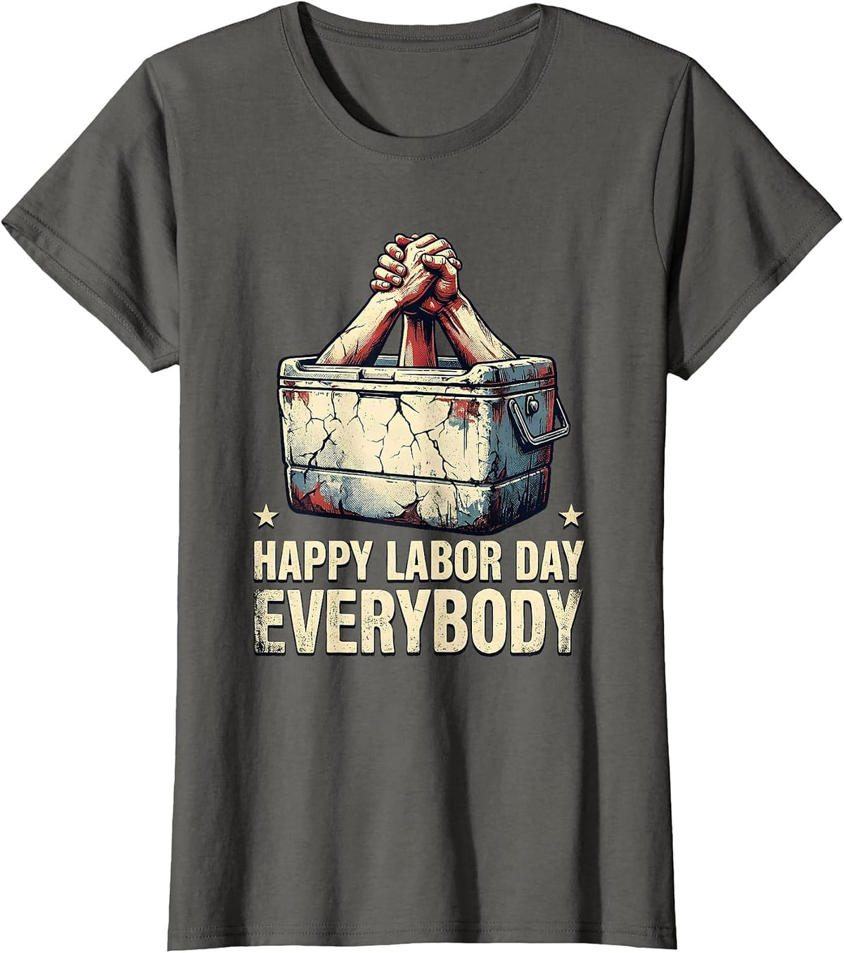 Women's Happy Labor Day, Everybody Distressed Patriotic Americana T-Shirt - Asphalt Grey